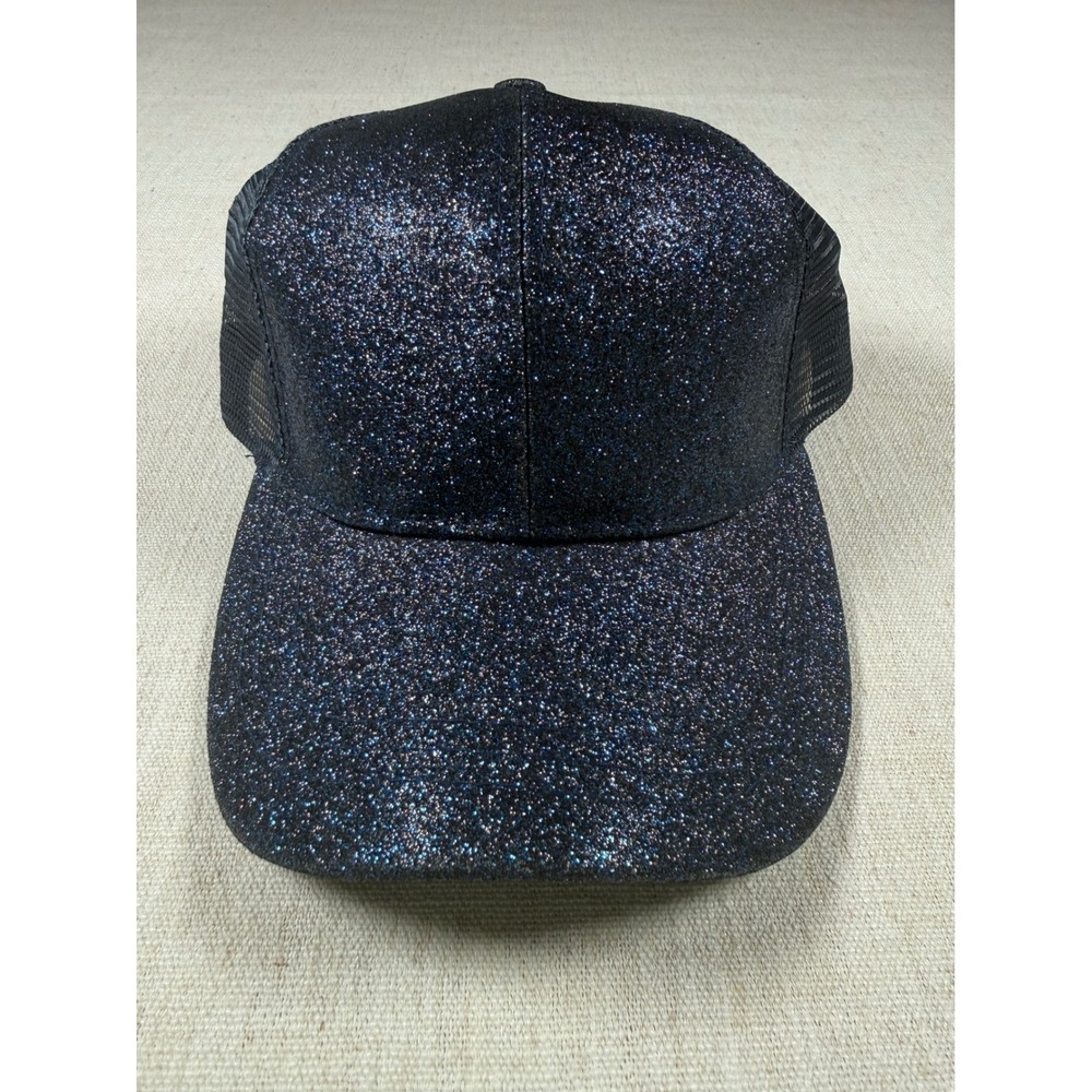 Women's Dark Blue Ponytail Trucker Hat Glitter Mesh Back Baseball Cap